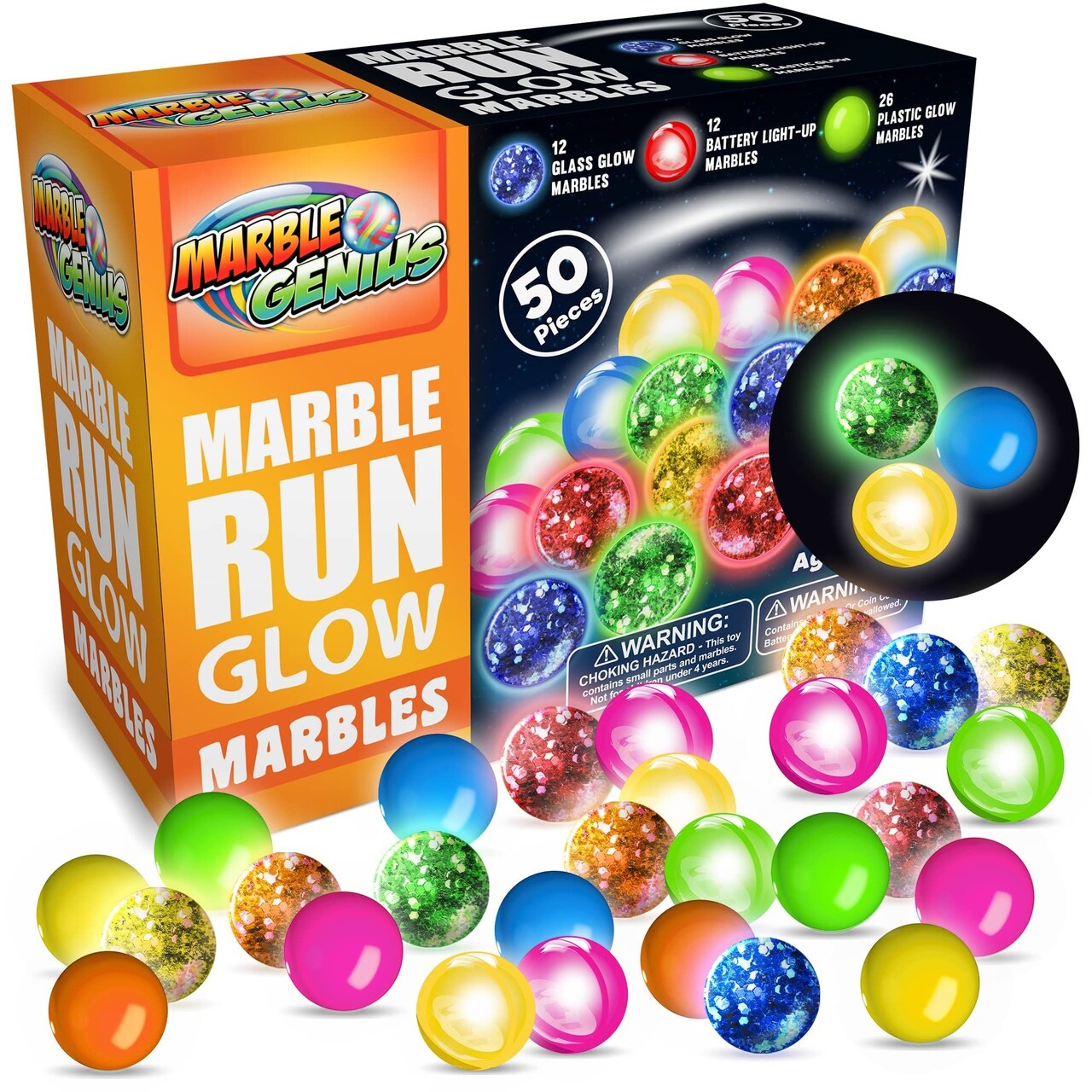Marble Genius 50 pcs Glow in the Dark Marbles Add On Set for Kids Ages 3-14, Full Color Instruction Manual, Perfect Gifts for Kids